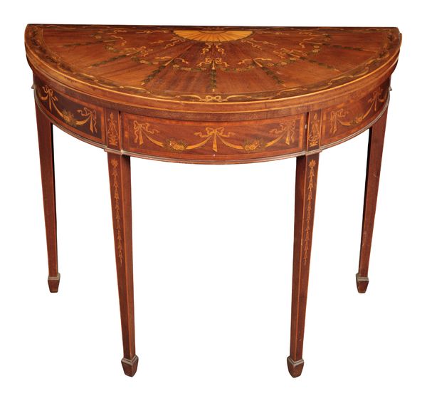 AN EDWARDIAN MAHOGANY AND MARQUETRY DEMI-LUNE CARD TABLE