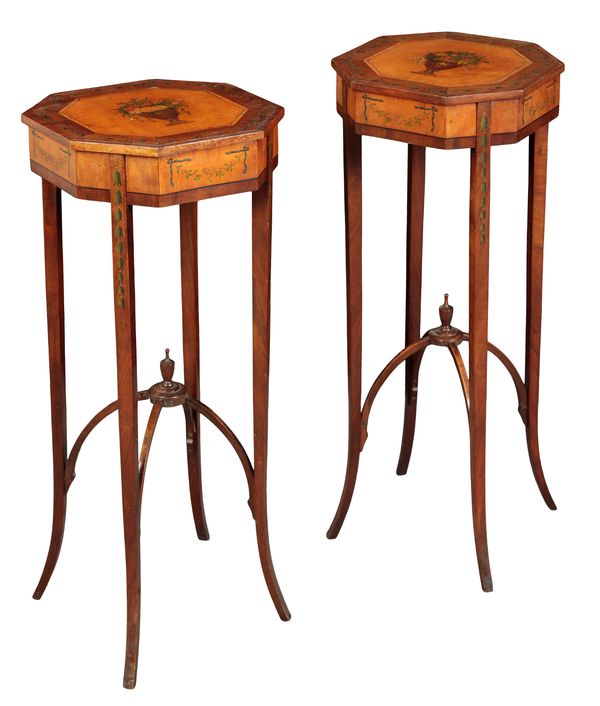 A NEAR PAIR OF EDWARDIAN SATINWOOD OCCASIONAL TABLES