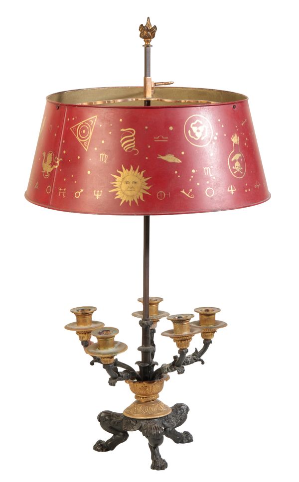 AN EMPIRE BRONZE AND GILT METAL MOUNTED BOUILLOTTE LAMP