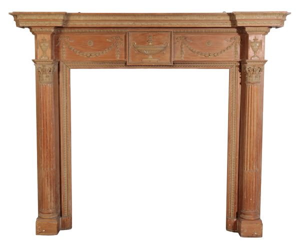 A GEORGE III PINE AND GESSO FIREPLACE SURROUND IN ADAM STYLE