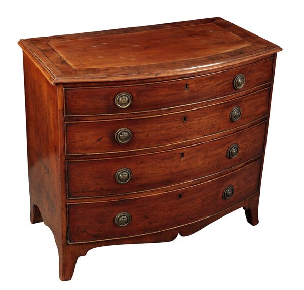 A GEORGE III MAHOGANY AND YEW WOOD CROSSBANDED BOW FRONT CHEST OF DRAWERS