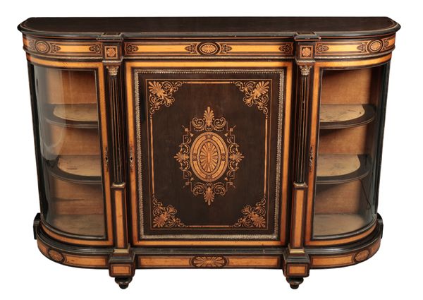 A LOUIS XVI STYLE EBONISED, SATINWOOD INLAID AND GILT METAL MOUNTED CREDENZA