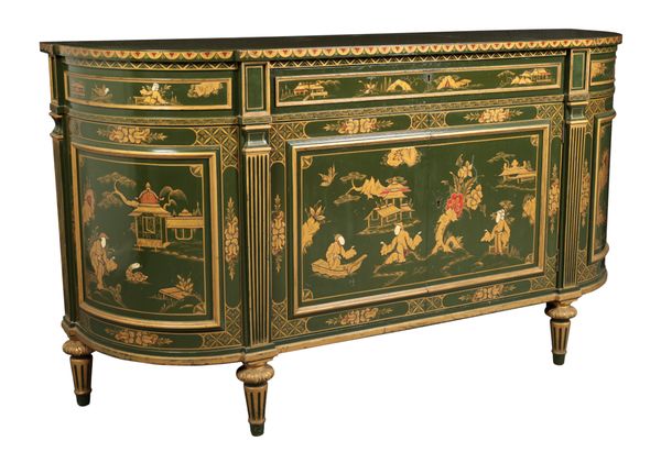 A GREEN-LACQUERED AND PARCEL GILT BOW FRONT SIDE CABINET