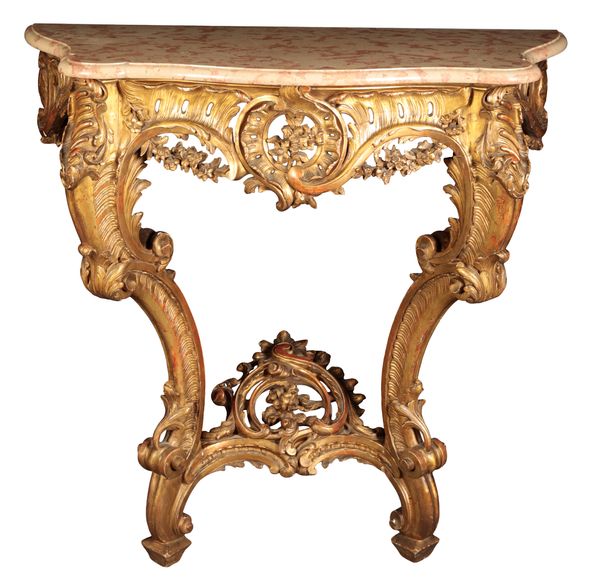 A LOUIS XV STYLE GILTWOOD AND MARBLE TOPPED CONSOLE TABLE