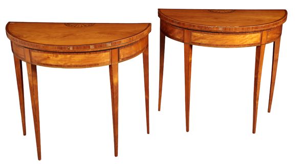 A PAIR OF GEORGE III SATINWOOD AND CROSSBANDED DEMI-LUNE CARD TABLES