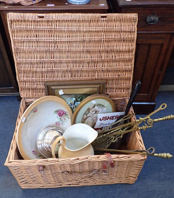 A WICKER HAMPER, BRASS FIRE IRONS, MUFFIN DISH