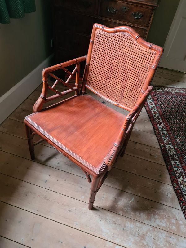 A 20TH CENTURY BAMBOO STYLE ARMCHAIR OF 'CHINESE CHIPPENDALE' DESIGN