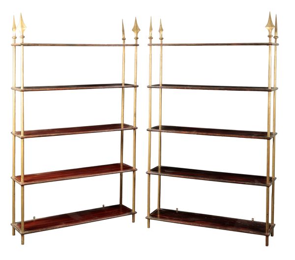 A PAIR OF EMPIRE STYLE SIMULATED ROSEWOOD AND PARCEL GILT OPEN BOOKCASES