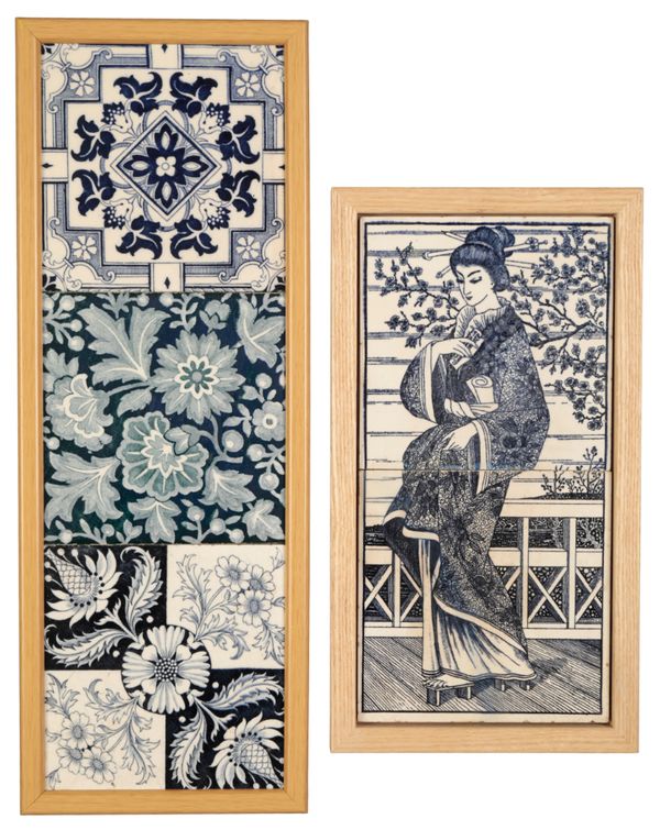 MAW & CO: A FRAMED TWO TILE PANEL DECORATED WITH A GEISHA