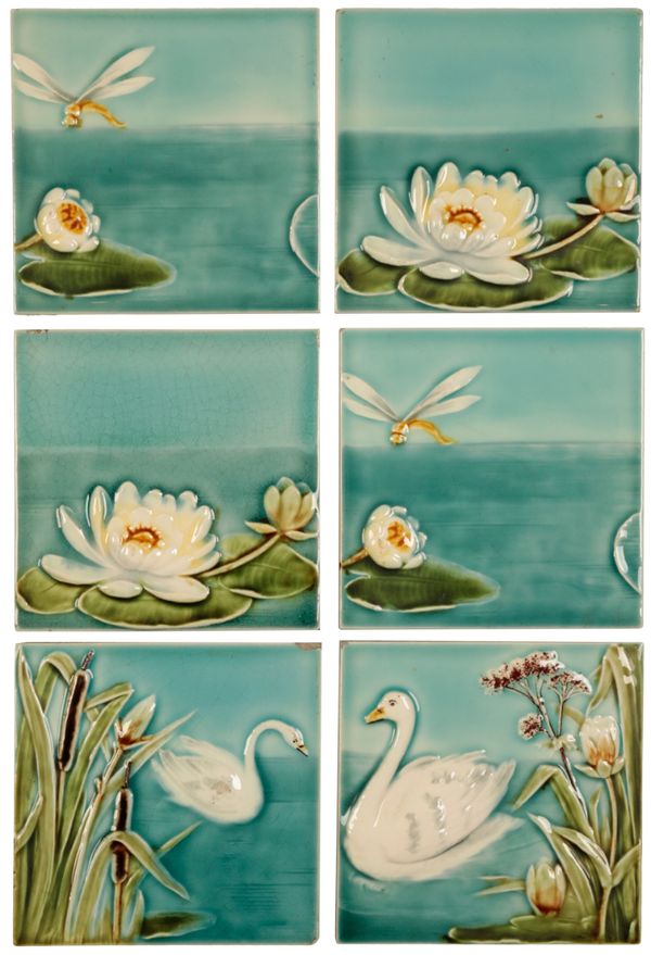 VILLEROY & BOCH: A SET OF SIX RELIEF MOULDED 'SWAN' POLYCHROME TILES