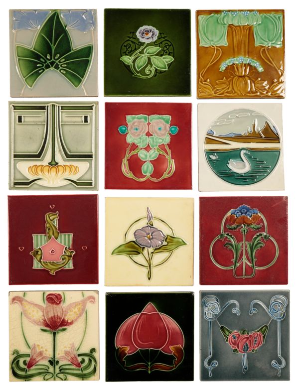 A GROUP OF TWELVE ENGLISH AND CONTINENTAL ART NOUVEAU POLYCHROME TILES