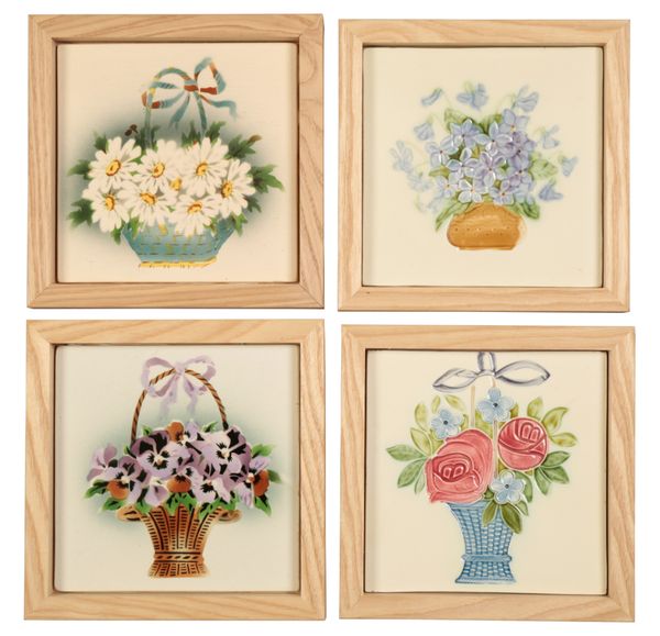 GEORG SCHMIDER: FOUR FRAMED ART NOUVEAU TILES FEATURING BASKETS OF FLOWERS