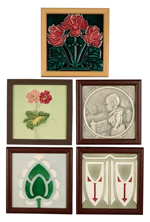 A GROUP OF FIVE FRAMED GERMAN ART NOUVEAU TILES