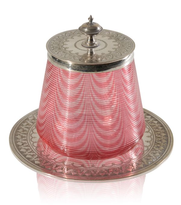 PHILIP ASHBERRY & SONS: A CRANBERRY AND CLEAR GLASS THREADED BARREL WITH SILVER PLATED MOUNTS, COVER AND SAUCER