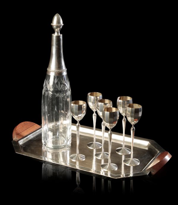 AN ART DECO SILVER PLATE AND GLASS LIQUEUR DRINKS SET ON TRAY