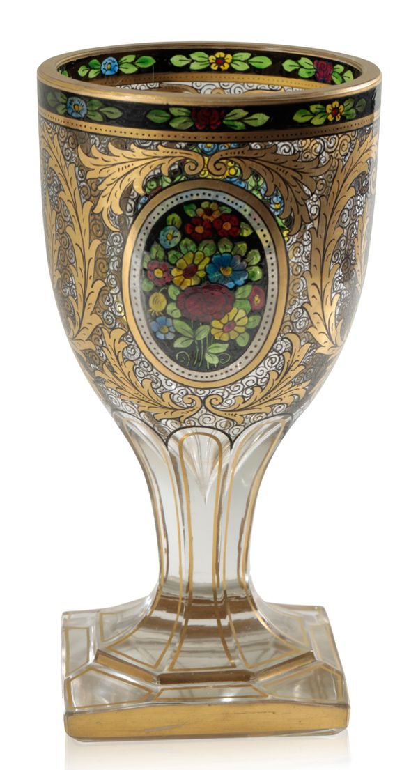 JULIUS MUHLHAUS & CO: A GILDED AND TRANSMALEREI GLASS GOBLET