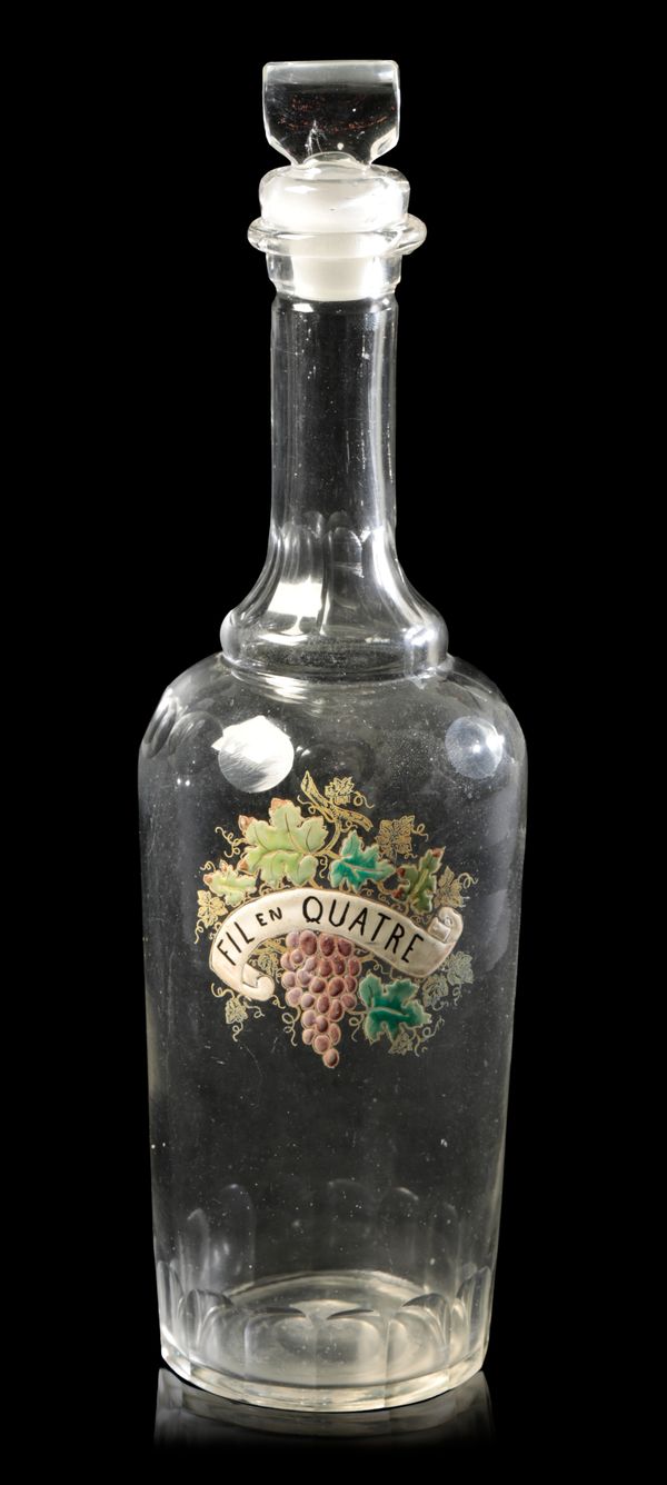 A FRENCH ENAMELLED CUT GLASS EAU-DE-VIE DECANTER