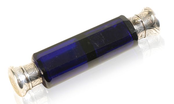 A COBALT GLASS DOUBLE END SCENT OR PERFUME BOTTLE