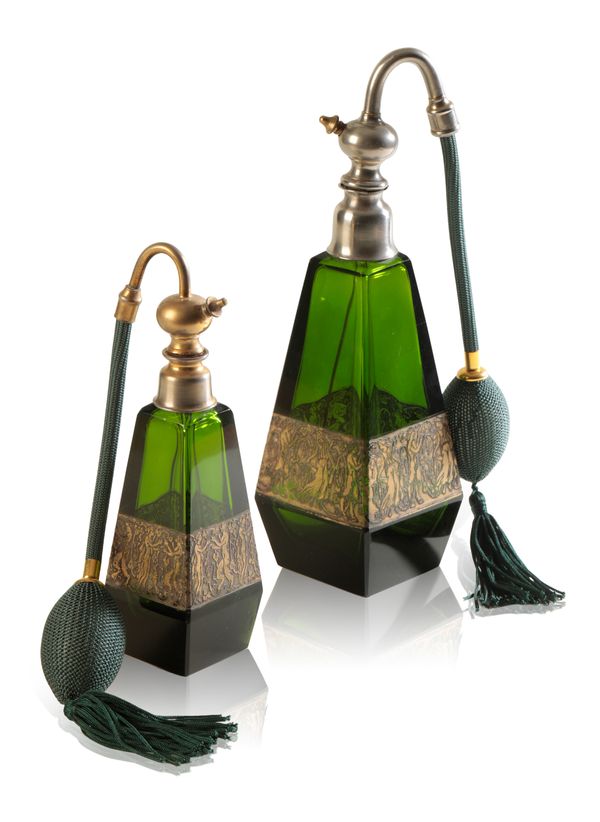 MOSER, KARLSBAD: TWO EMERALD CRYSTAL PERFUME ATOMISERS