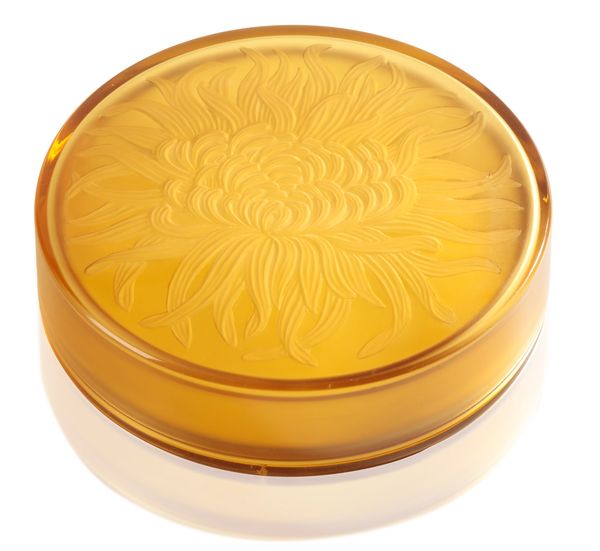 VERLYS: AN ART DECO GOLD GLASS CIRCULAR GLASS CONTAINER AND COVER