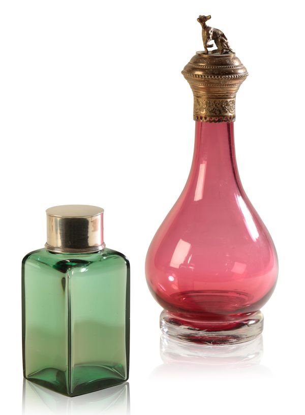 A SQUARE SECTION GREEN CRYSTAL DRESSING TABLE BOTTLE