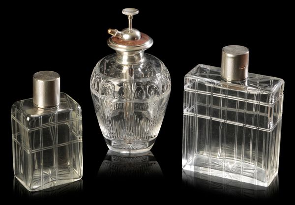 MAPPIN & WEBB: TWO SILVER-GILT TOPPED CRYSTAL SCENT BOTTLES