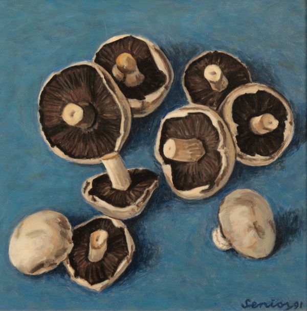 BRYAN SENIOR (B. 1935) 'Mushrooms on a blue ground'