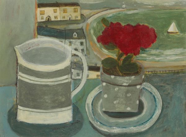 *SARAH BOWMAN (b. 1975) Still life study of red flowers and a jug by an open window with coastal landscape beyond