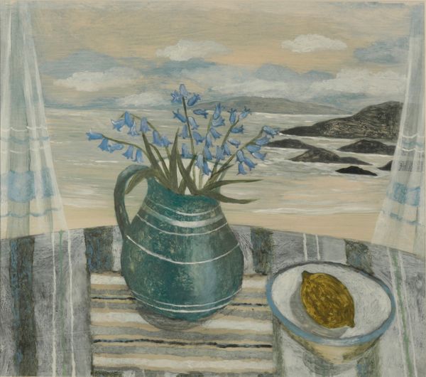 *SARAH BOWMAN (b. 1975) Still life and seascape with bluebells and a lemon