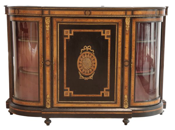 A LATE VICTORIAN FIGURED WALNUT AND EBONISED CREDENZA