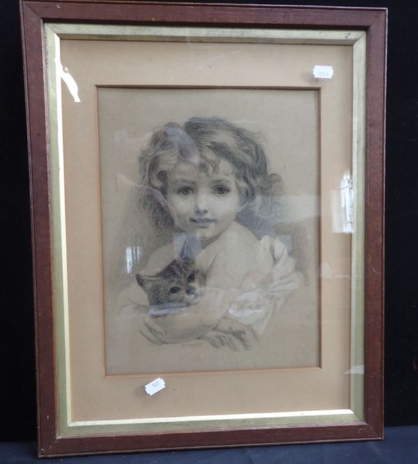 M MOGGY (?), DRAWING OF A CHILD WITH CAT