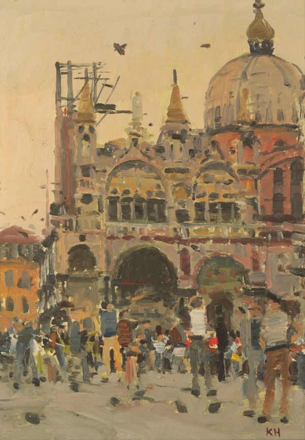 *KEN HOWARD (1932-2022) Figures in front of St. Mark's Basilica, Venice