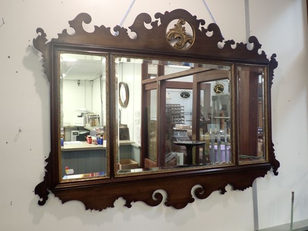 A GEORGE III STYLE MAHOGANY FRAMED TRIPLE-PLATE MIRROR