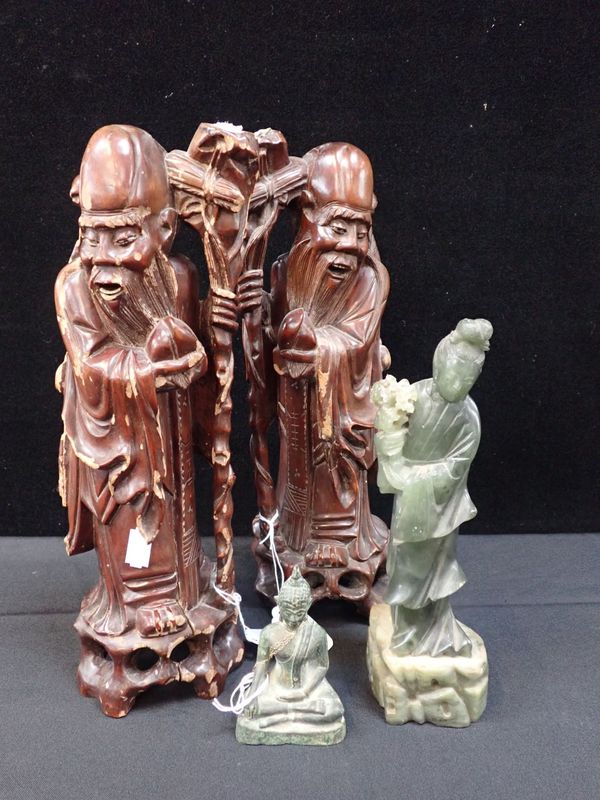 A PAIR OF CHINESE CARVED HARDWOOD FIGURES OF IMMORTALS