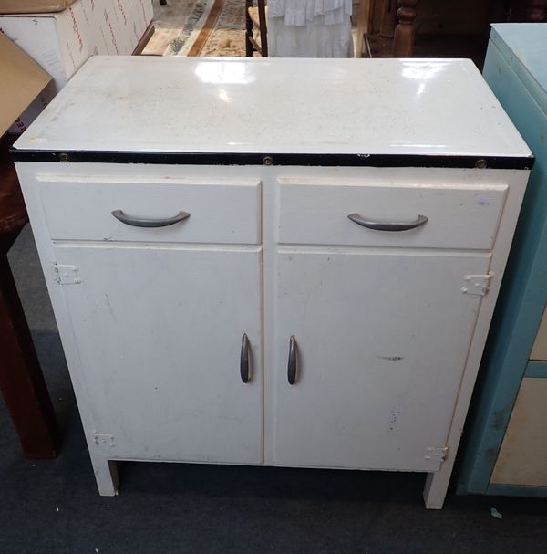 A VINTAGE ENAMEL-TOPPED KITCHEN CUPBOARD