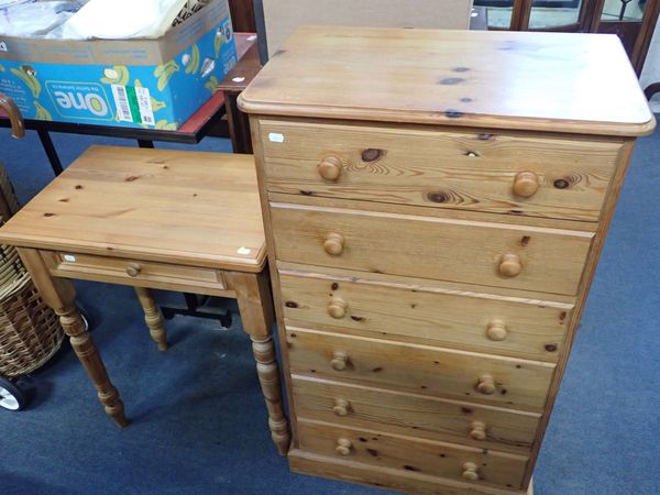 A NARROW PINE CHEST OF SIX DRAWERS