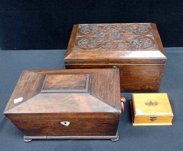 A REGENCY ROSEWOOD SARCOPHAGUS TEA CADDY