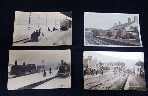 TWO POSTCARDS OF TRAINS IN THE GREAT BLIZZARD OF APRIL 25 1908