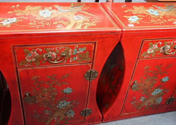 A PAIR OF RED PAINTED CHINESE STYLE BEDSIDE CABINETS