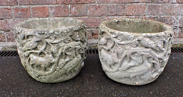 A PAIR OF WEATHERED GARDEN PLANTERS