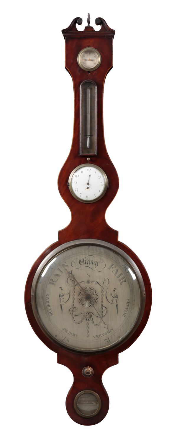 A GEORGE III MAHOGANY WHEEL BAROMETER AND CLOCK BY C. POZZI OF LIVERPOOL