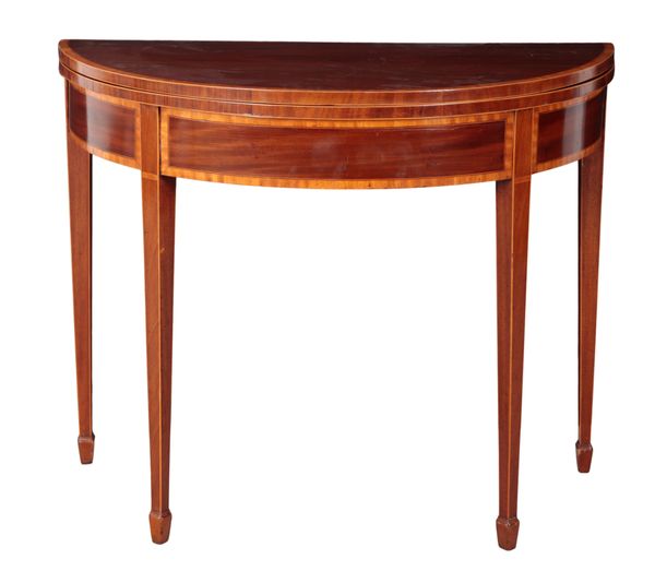 AN EDWARDIAN MAHOGANY AND SATINWOOD CROSSBANDED DEMI-LUNE CARD TABLE