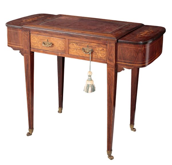 AN EDWARDIAN ROSEWOOD AND MARQUETRY LADIES WRITING DESK