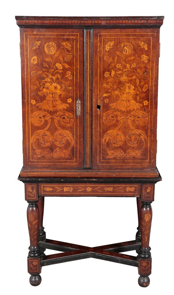 A DUTCH WALNUT AND MARQUETRY COLLECTOR'S CABINET ON STAND