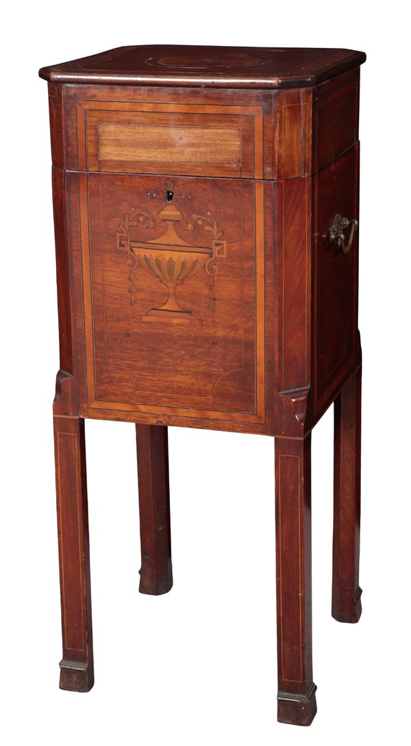 AN EDWARDIAN MAHOGANY AND MARQUETRY CELLARETTE