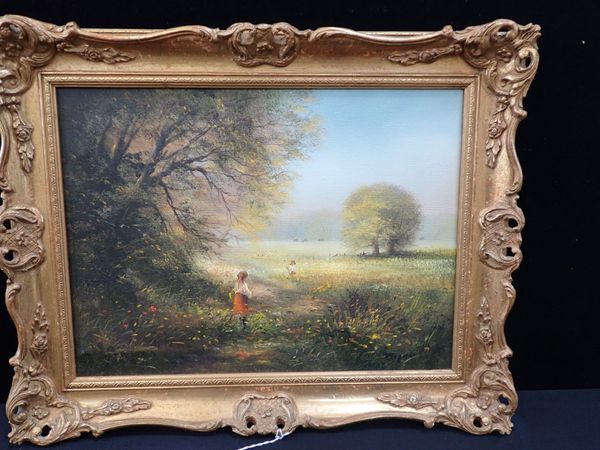 TED DYER: COUNTRY SCENE, CHILDREN IN A FIELD