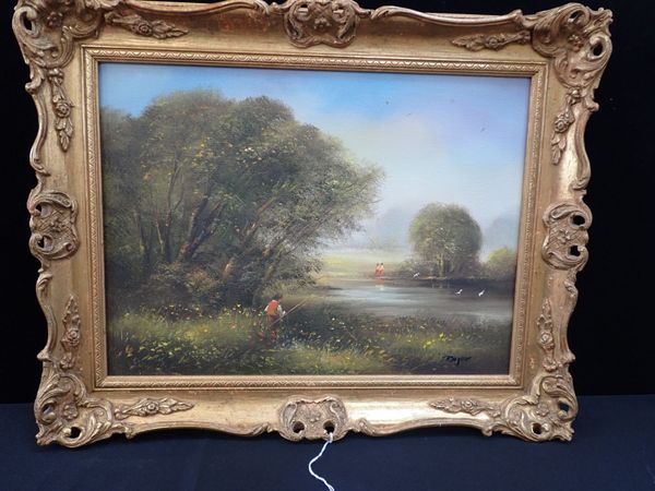 TED DYER: RIVERSIDE SCENE, WITH BOY FISHING