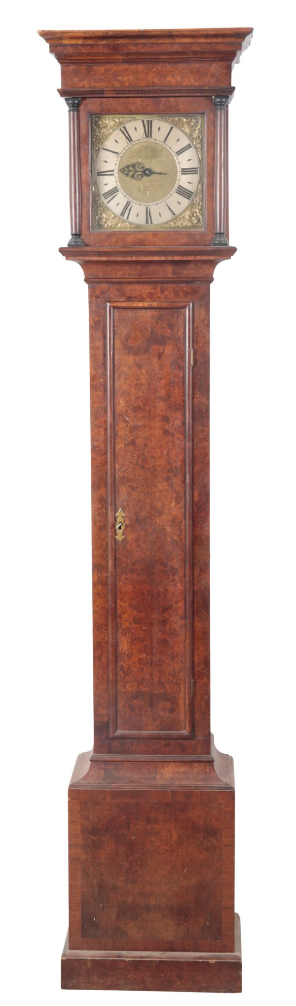 A BURR WALNUT LONGCASE CLOCK BY JOHN TRIBE OF PETWORTH