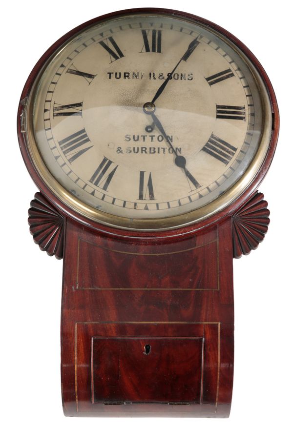 A VICTORIAN FIGURED MAHOGANY DROP DIAL CLOCK