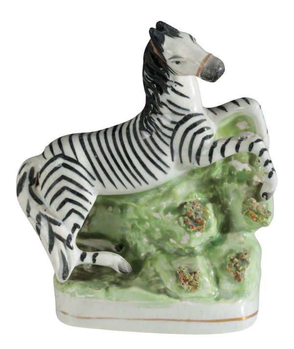 A VICTORIAN STAFFORDSHIRE POTTERY FIGURE OF A ZEBRA